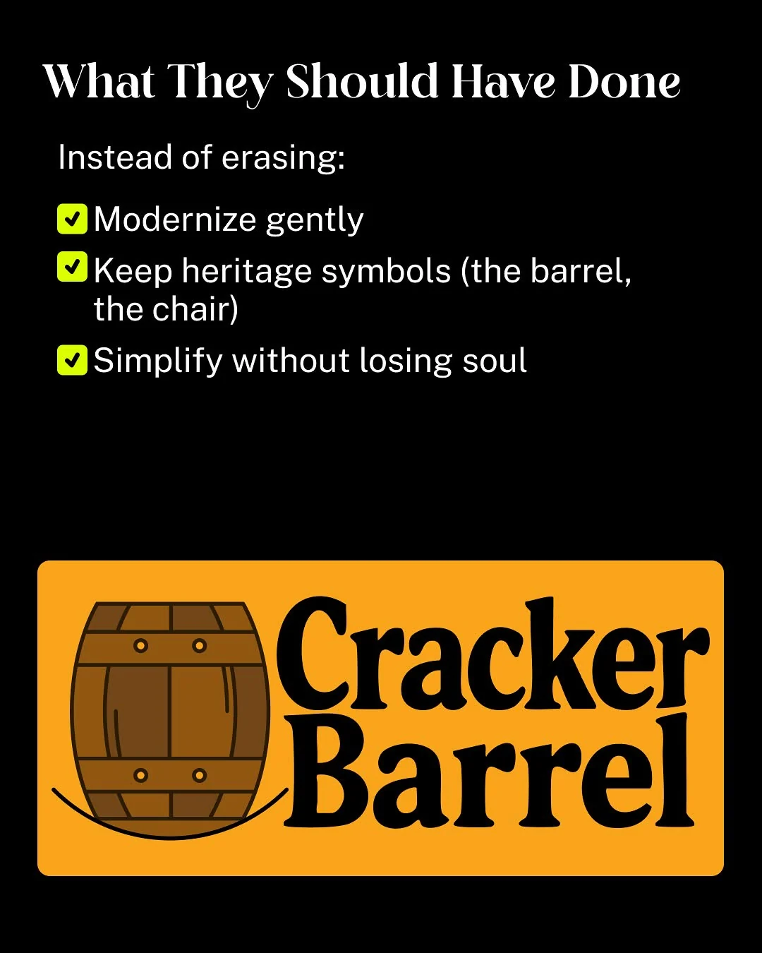 How I would have handled the Cracker Barrel rebrand — original Instagram carousel, slide 6 of 10